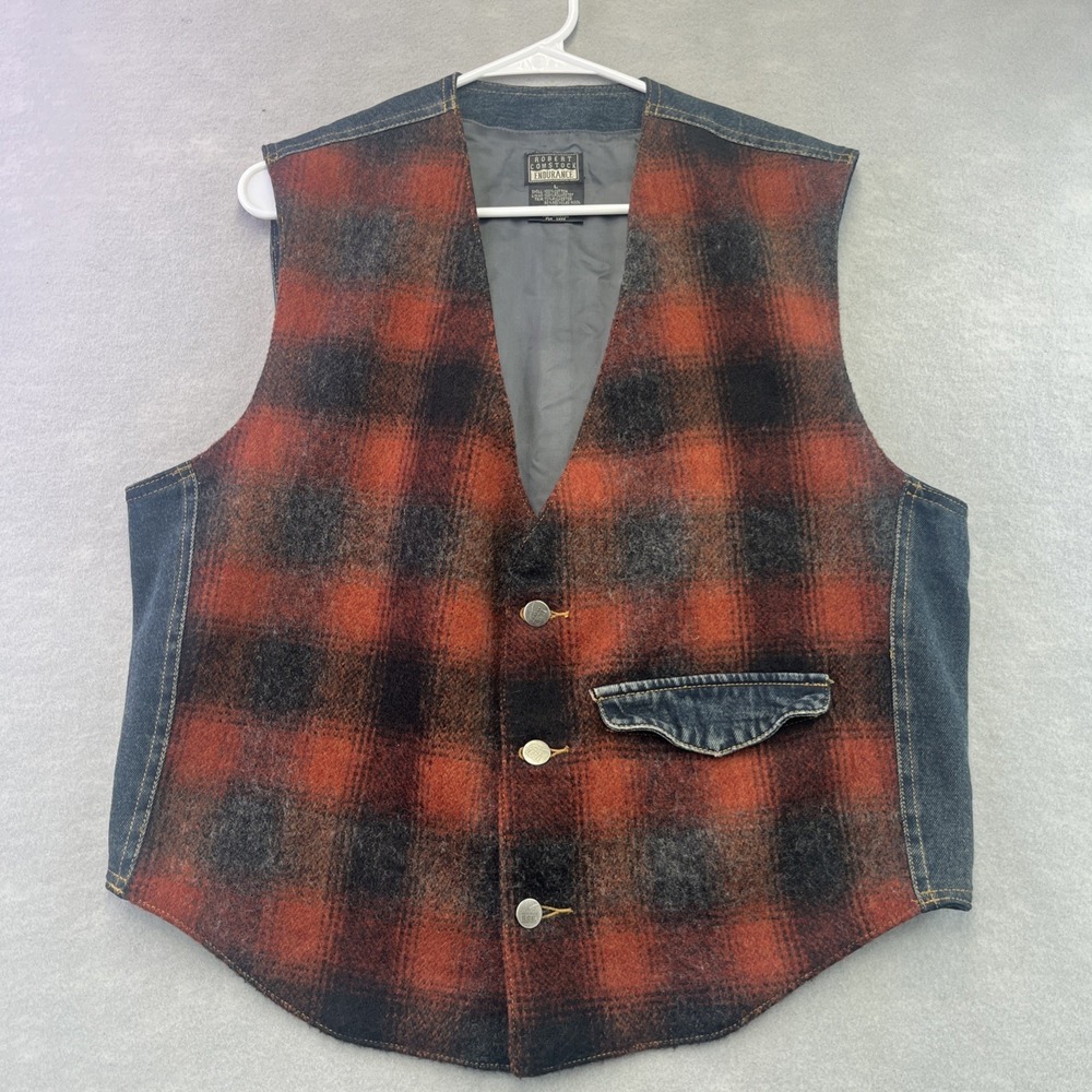 Robert Comstock Endurance Denim Wool Vest Buffalo Plaid Vintage Large